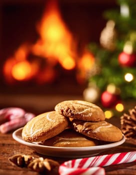 Cookies and candy canes on the table in front of fireplace and Christmas tree. Beautiful background, relaxing atmosphere of winter holidays