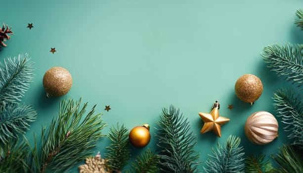 Creative Christmas background with coniferous twigs and decorations on a green table with copy space