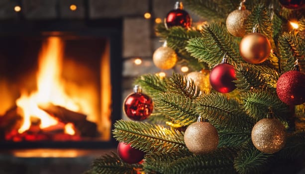 Beautiful christmas tree decorated with red and golden globes and glowing lights with fireplace in the background
