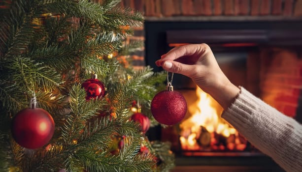 Closeup woman hand hanging a red globe decoration on the Christmas tree in front of fireplace. Winter holidays atmosphere