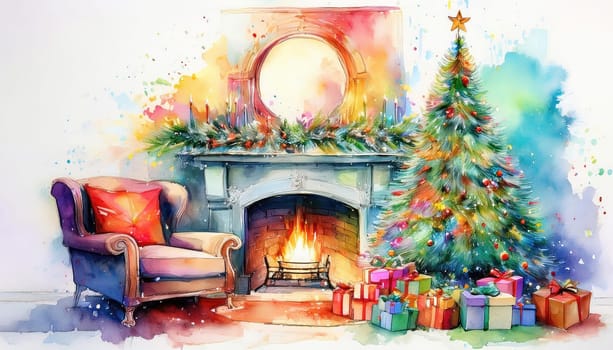 Holiday decorated room interior with couch at fireplace and gift boxes under Christmas tree. Colorful watercolor painting