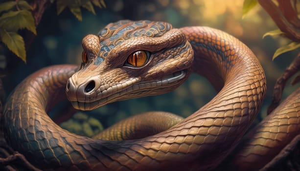 Wooden snake as Chinese New Year 2025 symbol. Closeup python reptile made of wood. Conceptual creative background