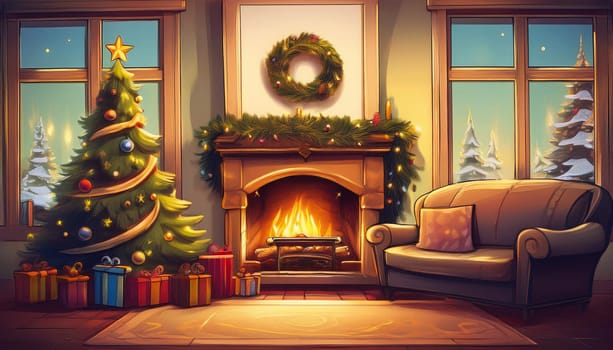 Holiday decorated retro room interior with couch at fireplace and gift boxes under Christmas tree