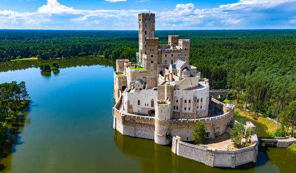 STOBNICA, POL - JUL 14, 2024: Stobnica Castle, a contemporary example of Revivalism, imitating a large medieval castle in Stobnica, Poland.
