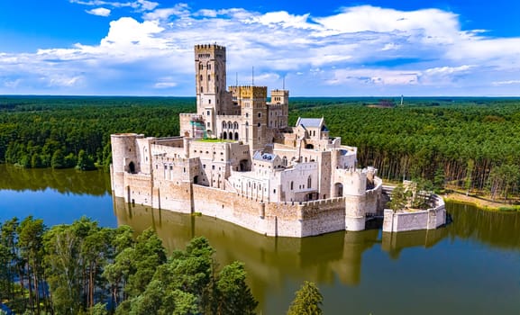 STOBNICA, POL - JUL 14, 2024: Stobnica Castle, a contemporary example of Revivalism, imitating a large medieval castle in Stobnica, Poland.