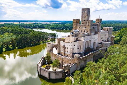 STOBNICA, POL - JUL 14, 2024: Stobnica Castle, a contemporary example of Revivalism, imitating a large medieval castle in Stobnica, Poland.