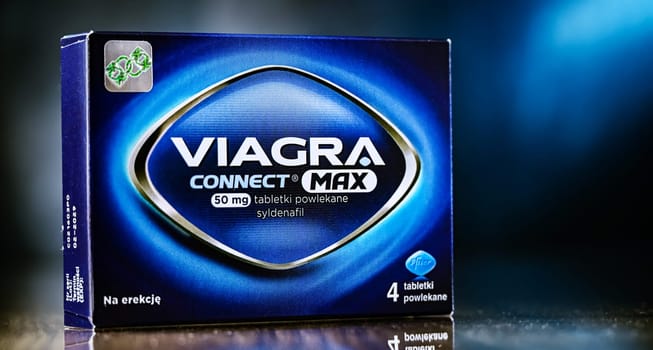 POZNAN, POL - JUN 27, 2024: Package of Pfizer Viagra, a medication used to treat erectile dysfunction and pulmonary arterial hypertension