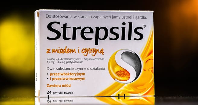 POZNAN, POL - JUN 27, 2024: Package of Strepsils, a brand of throat lozenges manufactured by British-Dutch company Reckitt Benckiser.