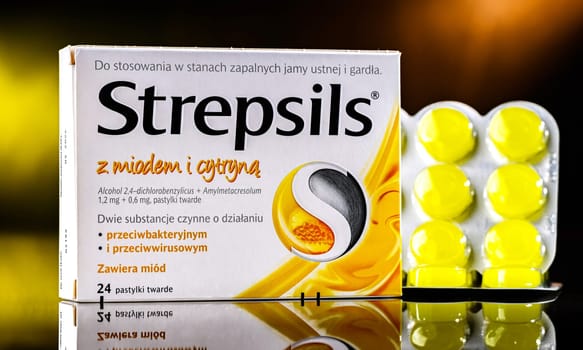 POZNAN, POL - JUN 27, 2024: Package of Strepsils, a brand of throat lozenges manufactured by British-Dutch company Reckitt Benckiser.