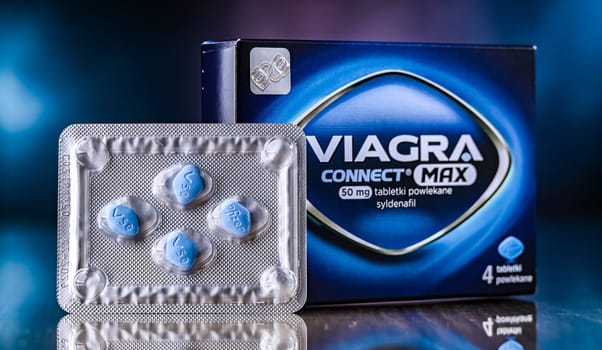 POZNAN, POL - JUN 27, 2024: Package of Pfizer Viagra, a medication used to treat erectile dysfunction and pulmonary arterial hypertension