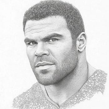 Close-up pencil sketch of a man's face with intense expression and curly hair.