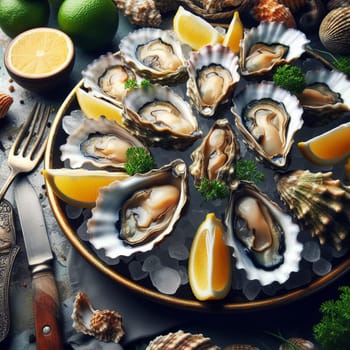 Fresh oysters on ice with lemon wedges and herbs on a dark plate, seafood delicacy