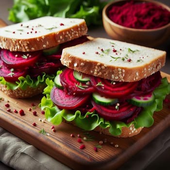 Close-up of a vegetarian sandwich with beetroot, cucumber, lettuce, and cream cheese on a wooden board
