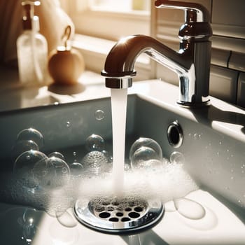 Sunlit kitchen sink with running water from a modern faucet, creating bubbles