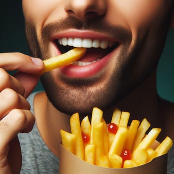 Close-up of a man eating French fries with ketchup, focus on the food, blurred background