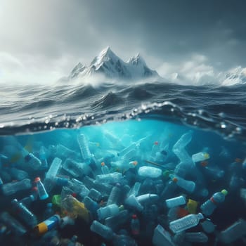 Split view of polluted ocean with plastic bottles underwater and pristine mountain peaks above, highlighting environmental impact and need for conservation