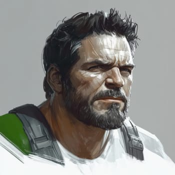 Digital painting of a bearded man with intense gaze, wearing green and white clothing.