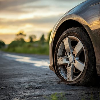 Close-up of a muddy car wheel on a wet road at sunset, with golden light reflecting off the vehicle's surface