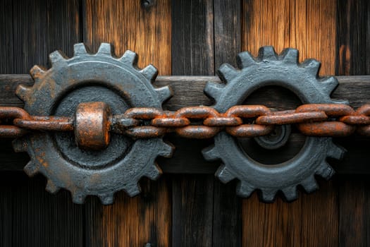 Weathered metal gears and rusty chain against wooden background, symbolizing industrial strength and mechanical connectivity