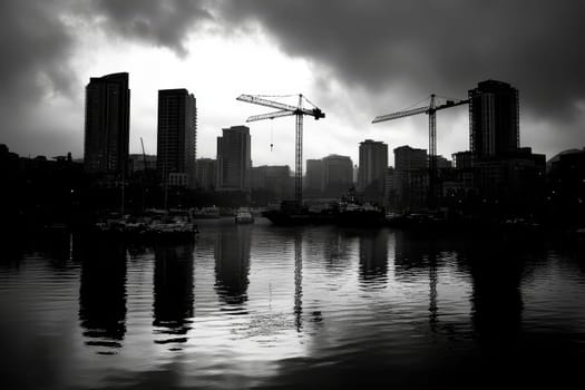 City silhouette with construction cranes mirrored in calm water, moody sky.