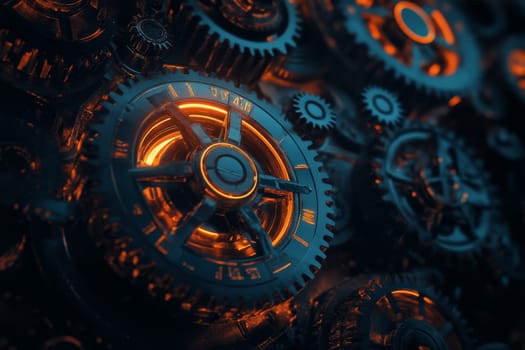 Close-up of intricate metallic gears with glowing orange light, symbolizing technology and mechanics.