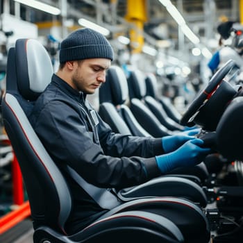 Worker in winter hat examining car interior on assembly line in modern factory