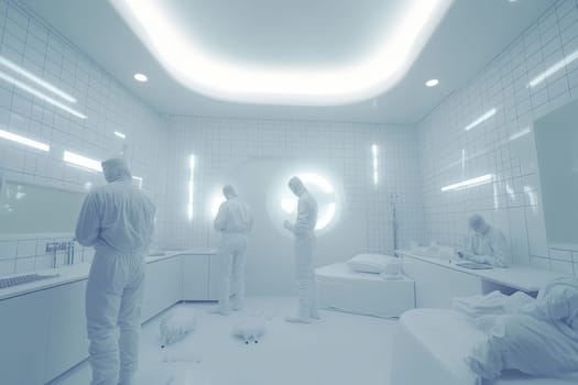 Scientists in protective gear working in pristine white high-tech facility.