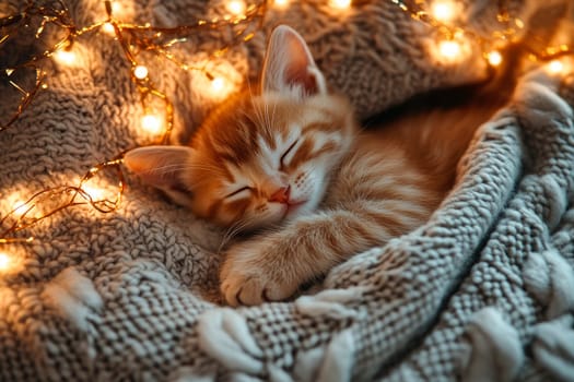 A cute kitten sleeping on elegant warm sweater with twinkling lights  adding warmth to the scene, Christmas theme. AI generated