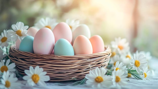 Pastel colored Easter eggs arranged in a decorative basket. AI generated