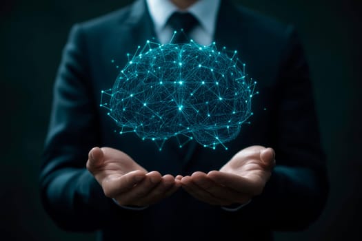 Close-up view photo of a businessman holding a digital brain with a hologram effect. Artificial intelligence, neurology, technology and future concept. AI generated