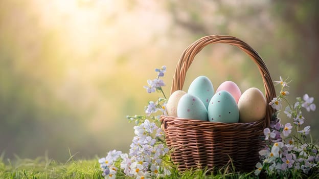 Pastel colored Easter eggs arranged in a decorative basket, surrounded by spring flowers. AI generated