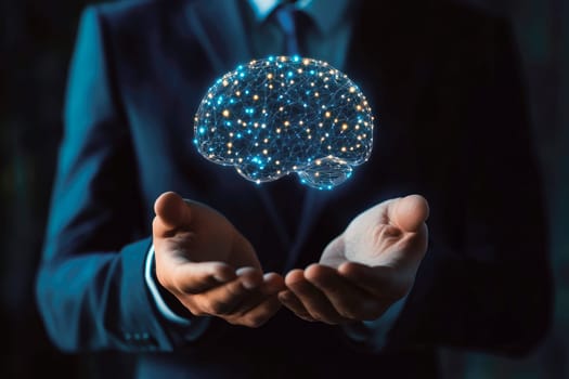 Close-up view photo of a businessman holding a digital brain with a hologram effect. Artificial intelligence, neurology, technology and future concept. AI generated