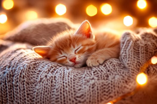 A cute kitten sleeping on  elegant warm sweater with twinkling lights  adding warmth to the scene, Christmas theme. AI generated