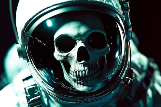 Skull inside astronaut helmet visor in outher space. Future space exploration concept, discovery of a new planet. AI generated