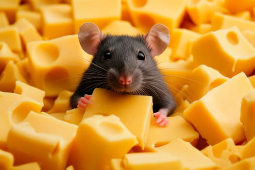 A cute little mouse in a pile of yellow cheese. AI generated