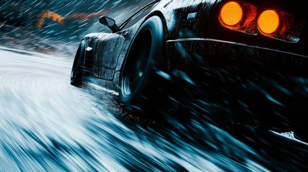 Close up view of a rear wheel shot while black car drifting on a wet road at night. AI generated