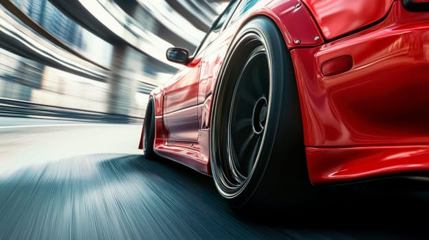 Close up view of a rear wheel shot while red car drifting on a wet road at night. AI generated