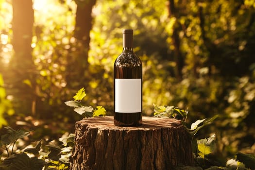 A red wine bottle with a blank label, placed on a top a tree stump in the forest. AI generated