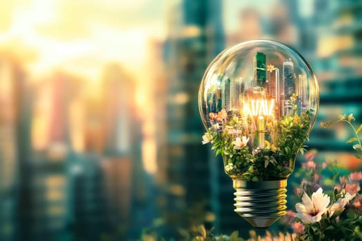 Electric light bulb and modern city inside it as symbol of green energy. AI generated