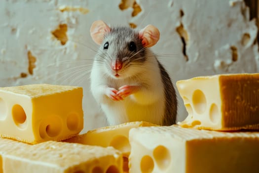 A cute little mouse with a pile of yellow cheese. AI generated