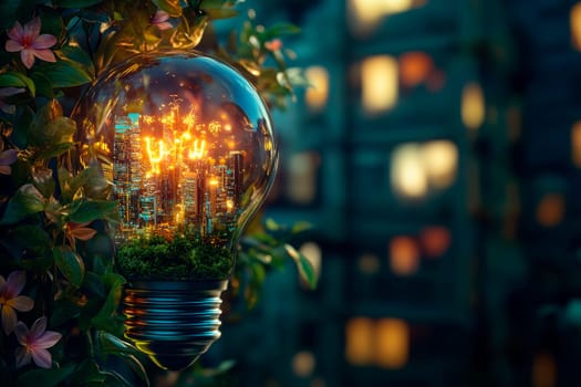 Electric light bulb and glowing night city inside it as symbol of green energy. AI generated