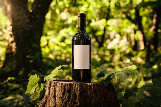 A wine bottle with a blank label, placed on a top a tree stump in the forest. AI generated