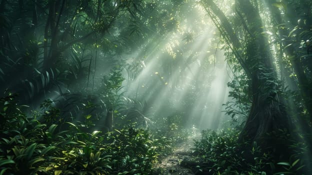 Rays of sunlight break through the forest canopy, illuminating a moss-covered trail in a tranquil, green woodland