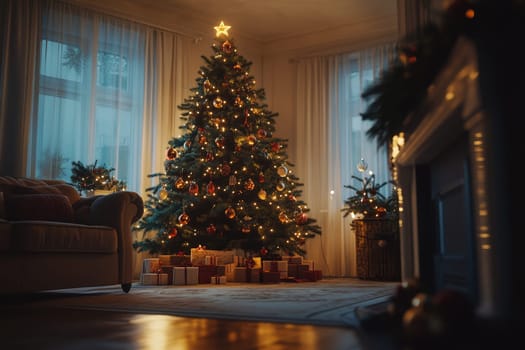 Beautifully decorated Christmas tree with presents underneath, in a warm, inviting living room.