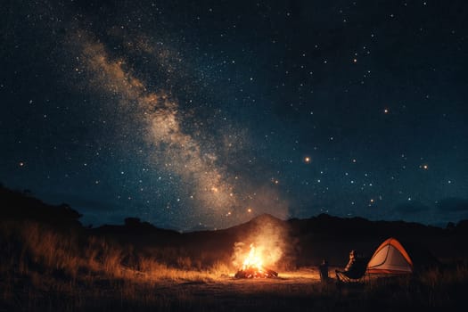Campers enjoying a campfire under the Milky Way galaxy with tent and mountain silhouettes.