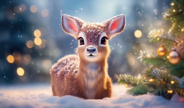 Cute reindeer fawn playing outdoors in the snow next to Christmas tree. Playful deer kid having fun outdoors. Winter holidays seasonal background