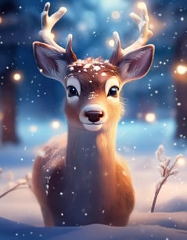 Magical winter deer character walking outdoors in the snow. Snowing night scene with glittering lights and Santa's reindeer hiding behind snowdrifts. Christmas holiday seasonal background