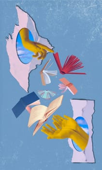Human hand and open books over abstract background. Contemporary art collage. Concept of education, reading, knowledge. Design