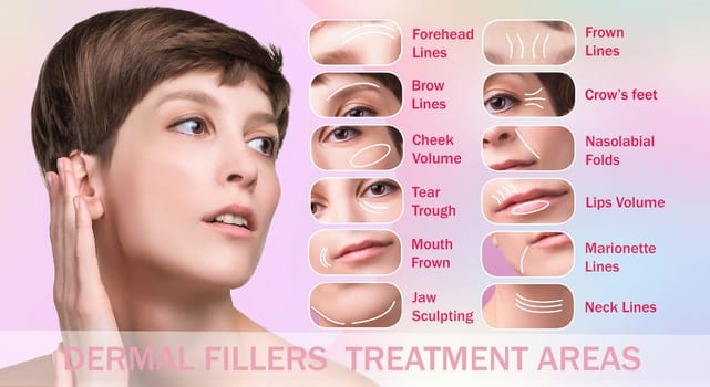 Treatment areas for anti-wrinkle injection. Young female with clean fresh skin. Beautiful woman. Female face and neck. Portrait of young caucasian woman . Lifting by thread concept