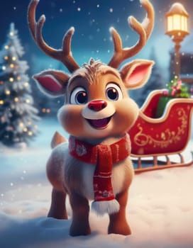 Rudolph the red nose reindeer cartoon character wearing scarf. Cute and funny winter deer plays excited in the snow next to Santa sleigh and Christmas tree in the Eve night